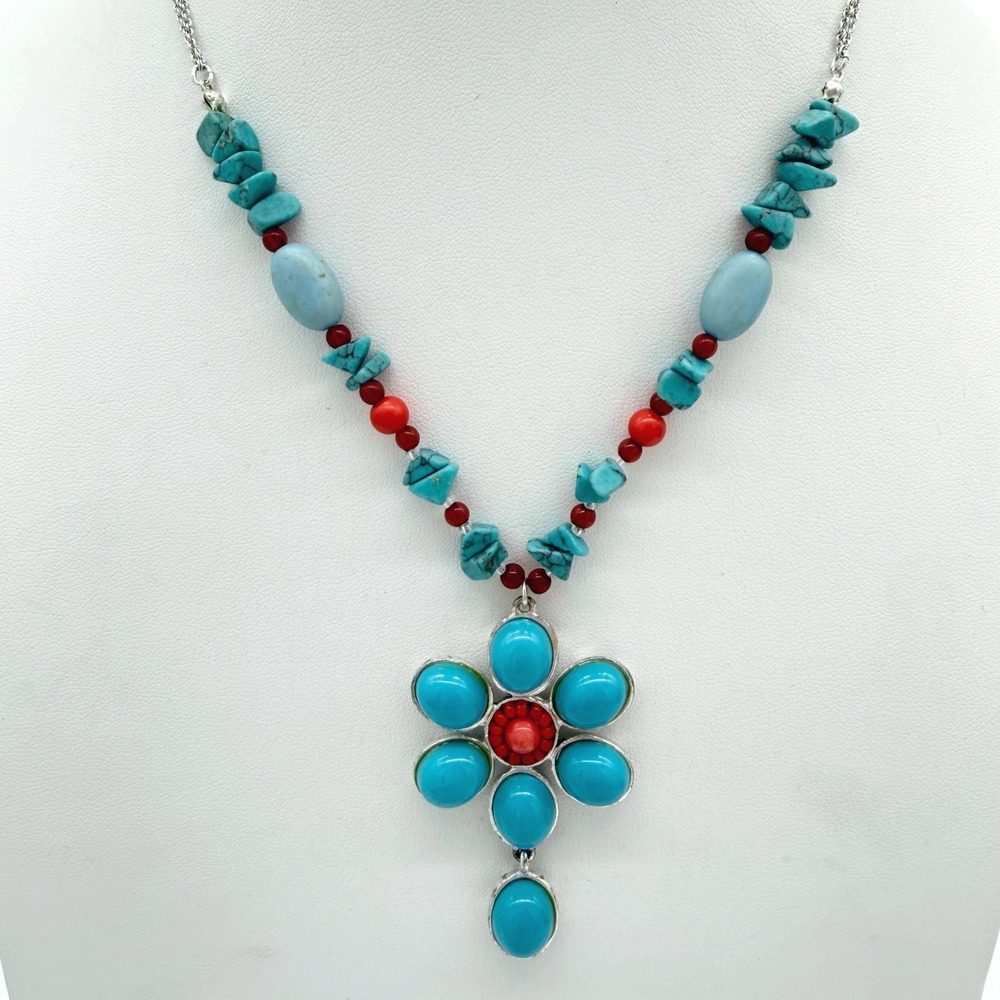 Vintage Avon Silver Tone Turquoise Coral Cross Pendant Necklace Boho
